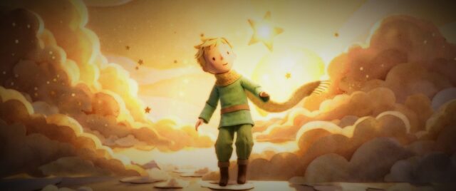 Der kleine Prinz steht in goldenen Wolken aus geschichtetem Papier