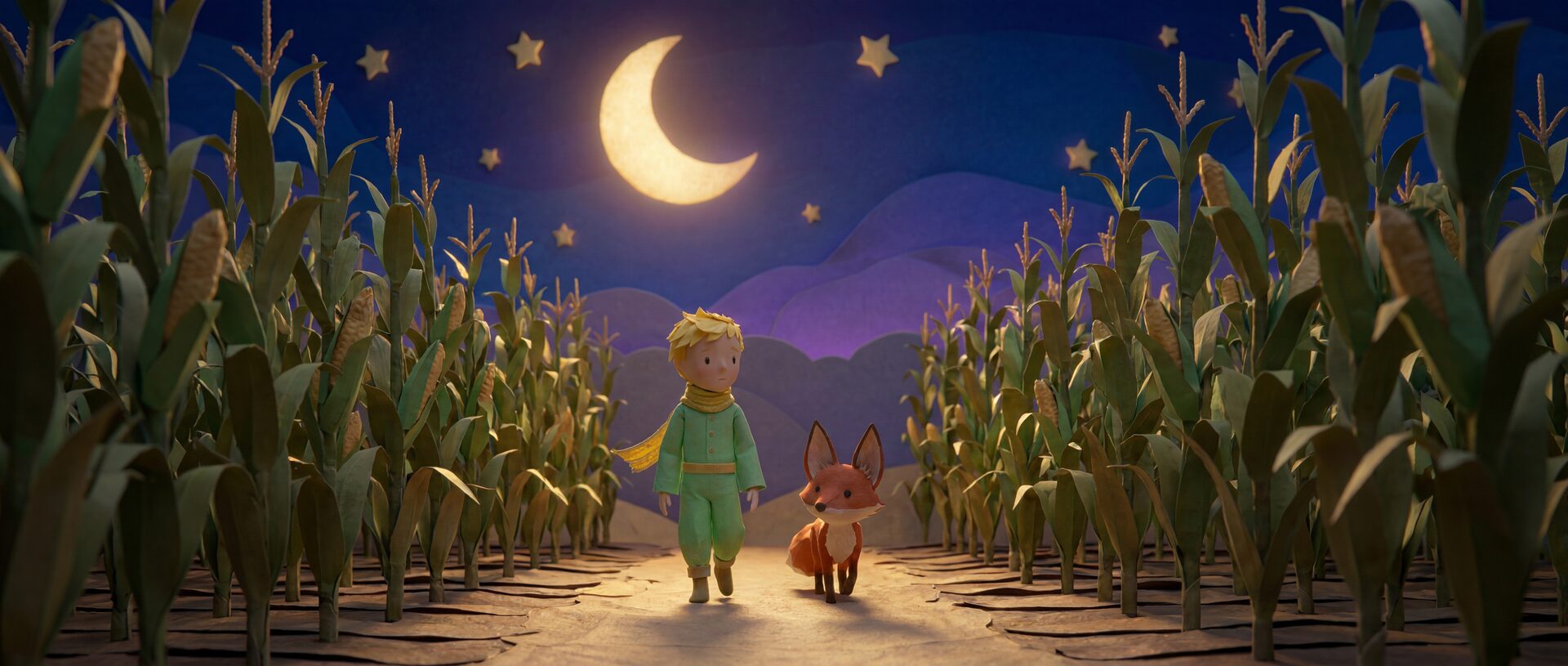 Der kleine Prinz und der Fuchs gehen bei Nacht durch ein Kornfeld, über ihnen Mond und Sterne